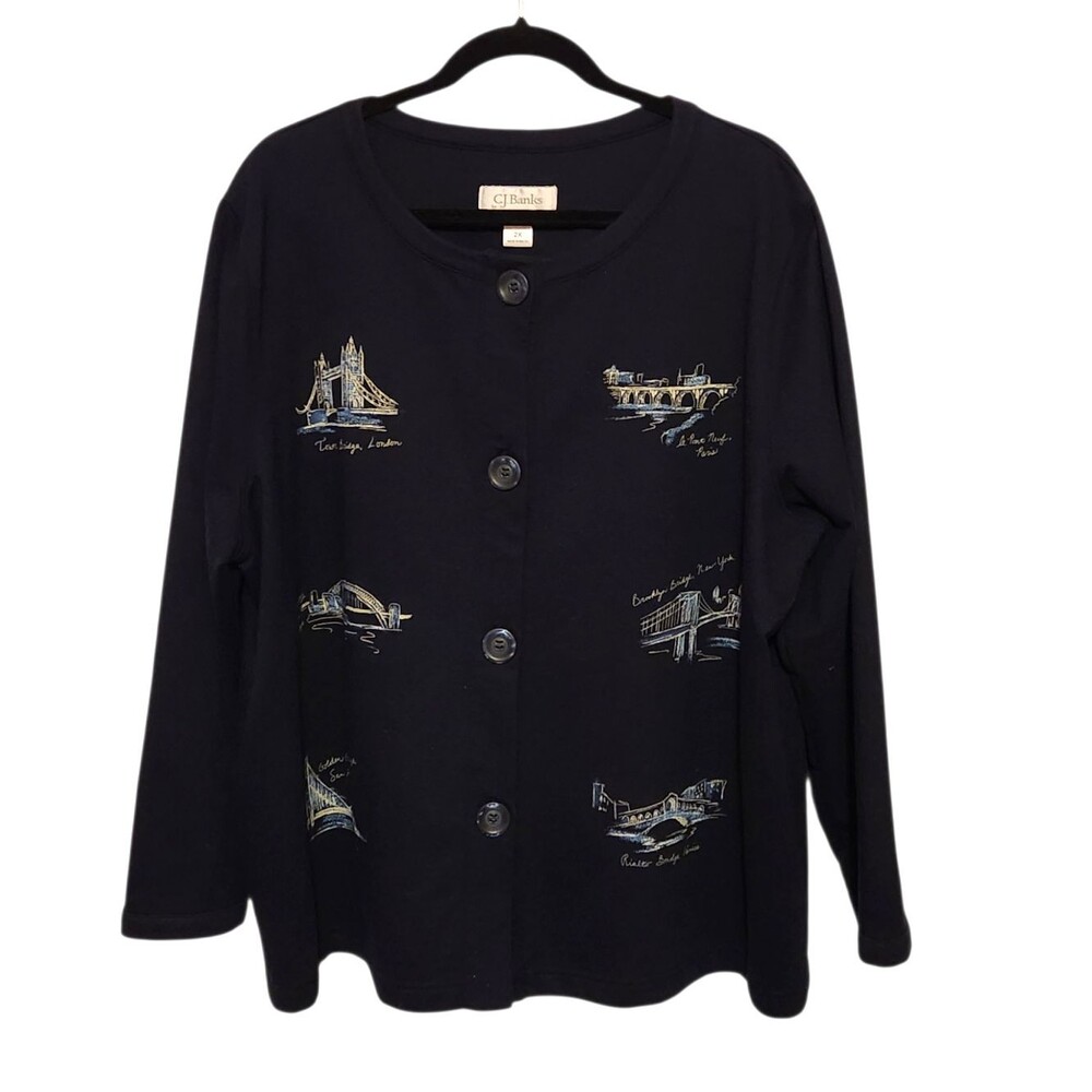 CJ Banks Cardigan Sweatshirt Button Front Navy Blue w/ Famous Bridges Size 2X